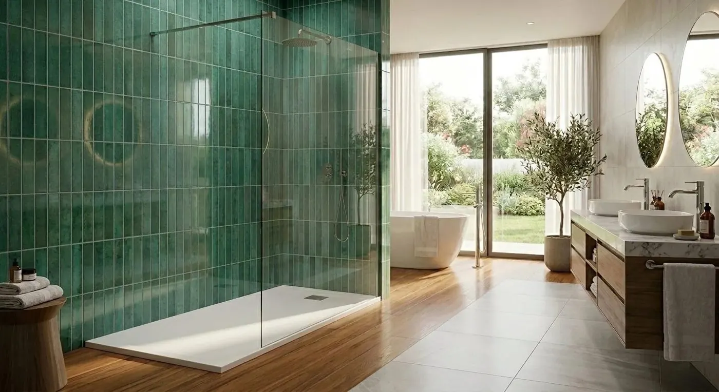Salle de bain habillée de panneaux Carrelo décor vert